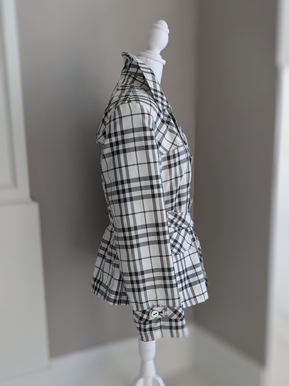 giacca Black & White Plaid Double-Breasted  Trench Style Rain Coat & Windbreaker - Picture 3 of 15
